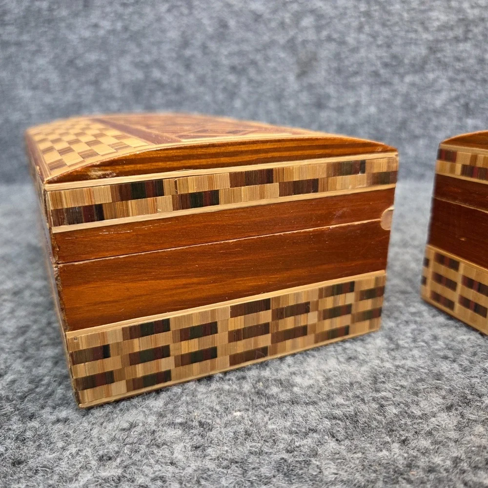2 Vintage Hand Carved Wooden Trinket Box with‎ Straw Ornament USSR RUSSIA